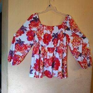 Red and White Smocked Peplum Blouse with 3/4 Sleeves